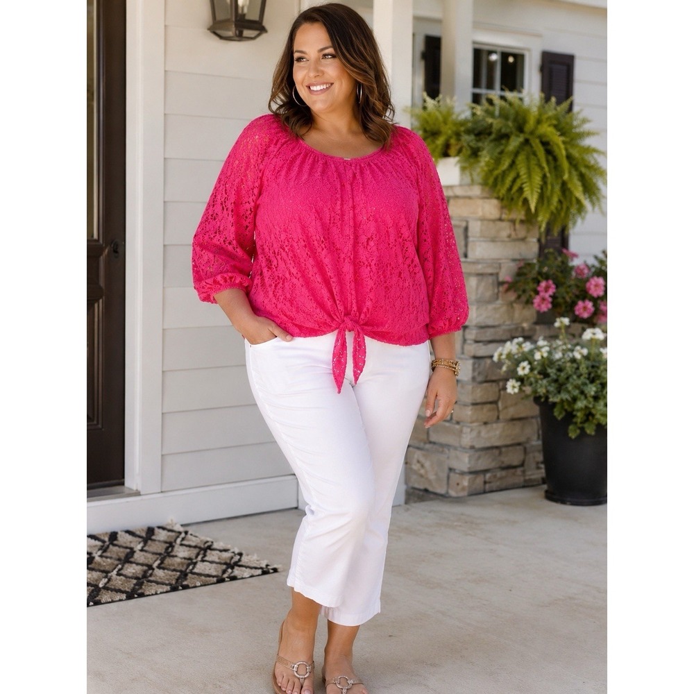 French Laundry Women's 2X Hot Pink Lace Top Tie Front 3/4 Sleeve Plus Size.